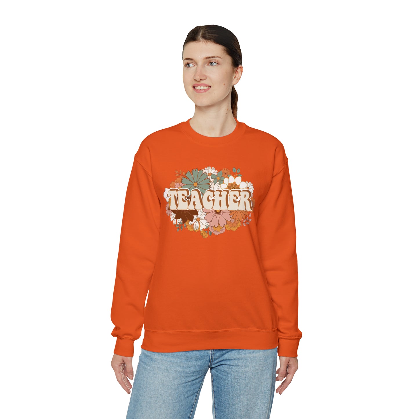 Vintage Retro Floral Teacher Warm Colors Unisex Heavy Blend™ Crewneck Sweatshirt