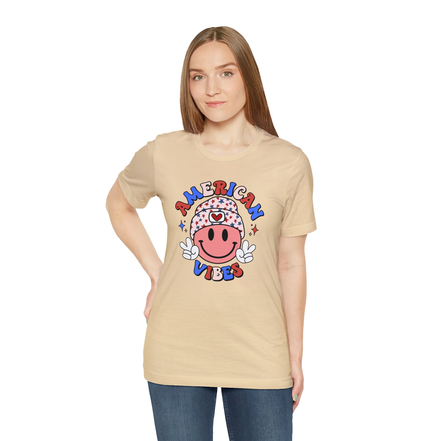 American Vibes USA Smiley Face with Stars Beanie with two hand peace signs Unisex Jersey Short Sleeve Tee