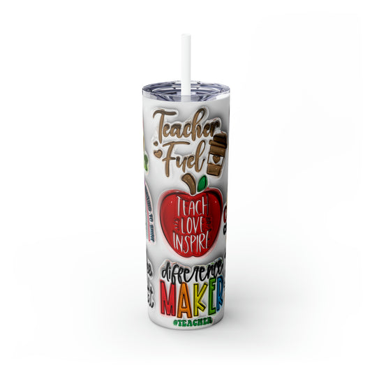 A+ Teacher Quotes Collage Skinny Tumbler with Straw, 20oz