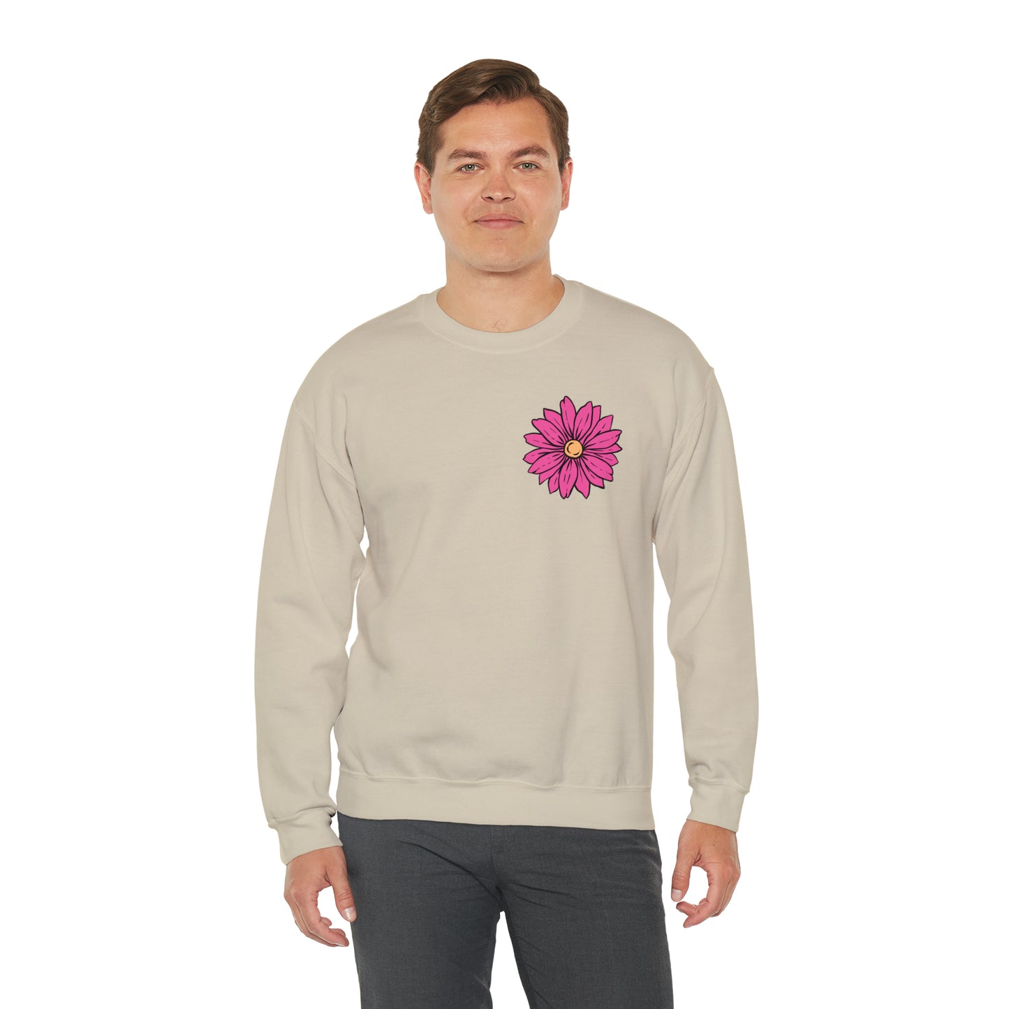 FRONT AND BACK DESIGN Positive Energy (Flower on Front and Message on Back) Font Heavy Blend™ Crewneck Sweatshirt