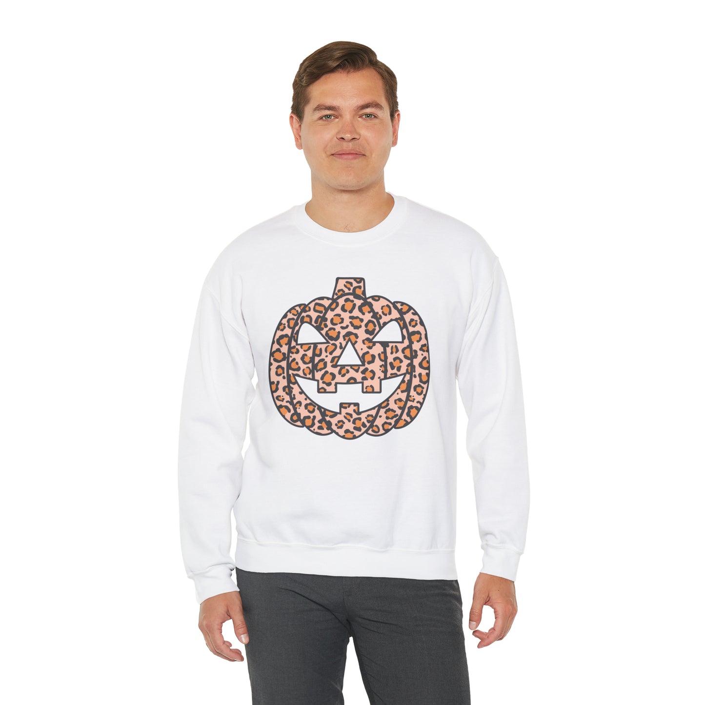 Boho Leopard Print Pumpkin Fall Halloween Retro Warm Colored  Unisex Heavy Blend™ Crewneck Sweatshirt