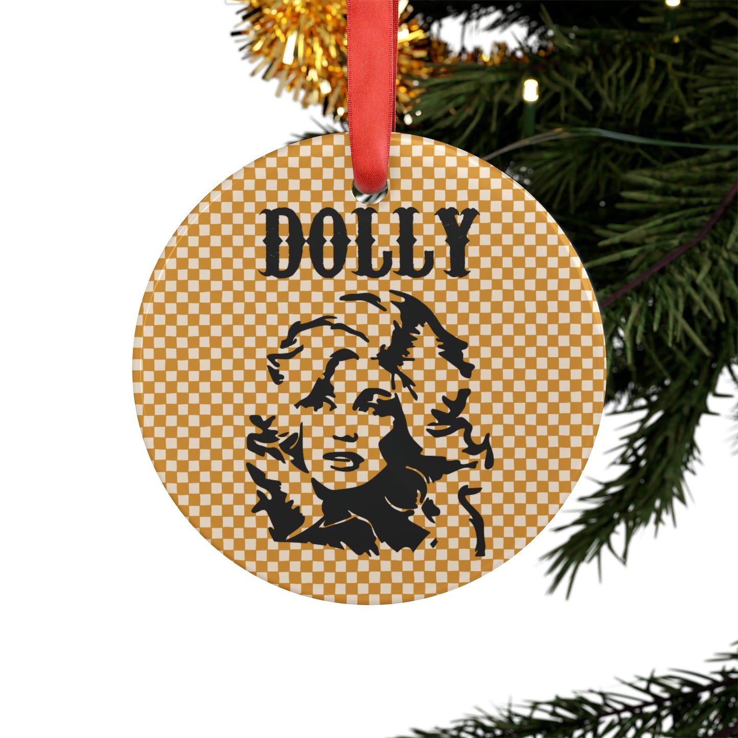 Dolly Portrait Checkerboard Ornament with Ribbon