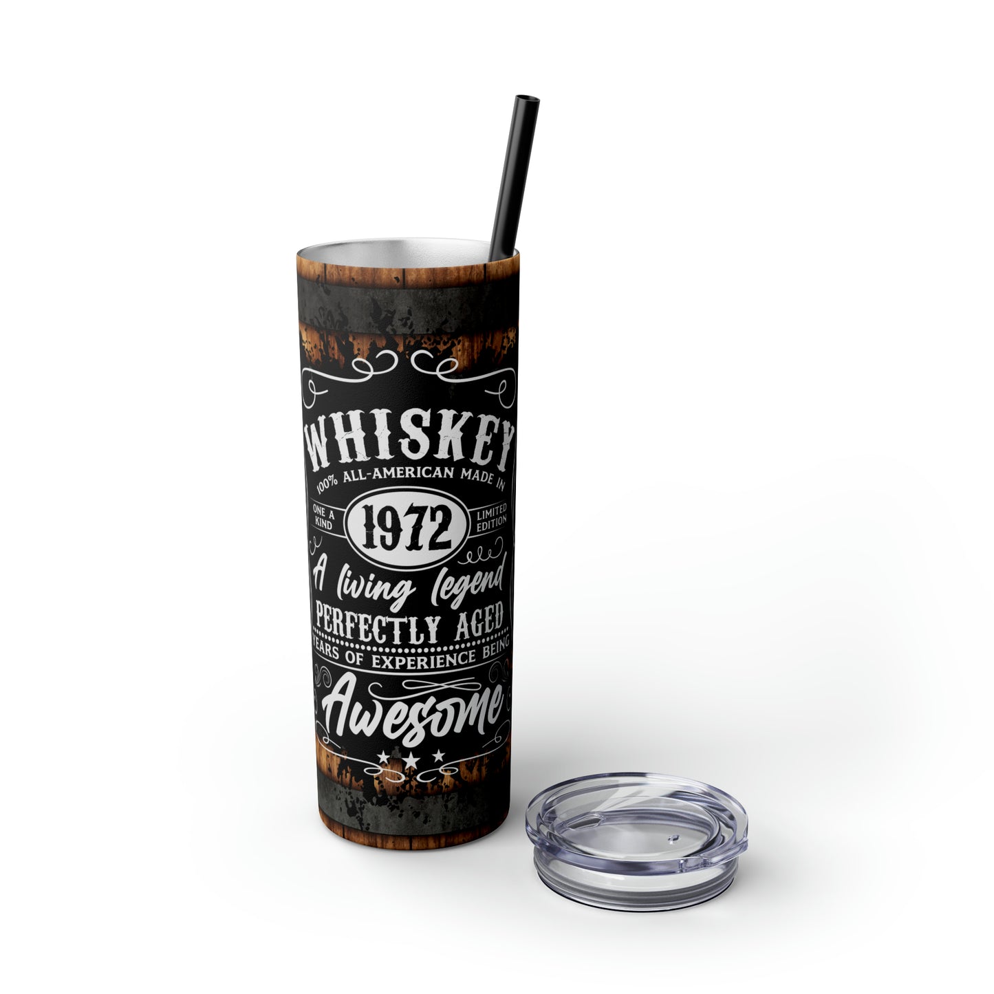 Rustic Barrel Whiskey Themed Skinny Tumbler with Straw, 20oz