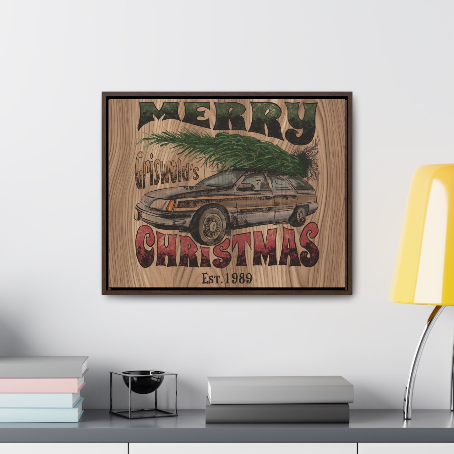 Distressed Merry Griswold Christmas Tree Station Wagon Holiday Gallery Canvas Wraps, Horizontal Frame