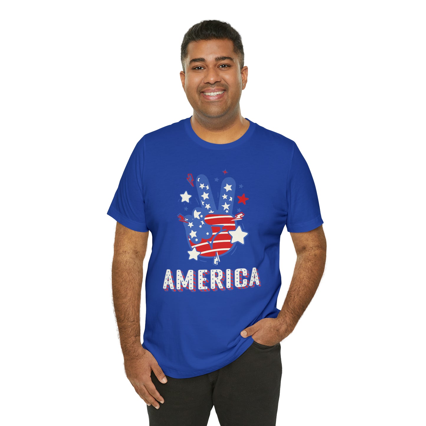 America USA Stars Peace Sign with Hands Unisex Jersey Short Sleeve Tee