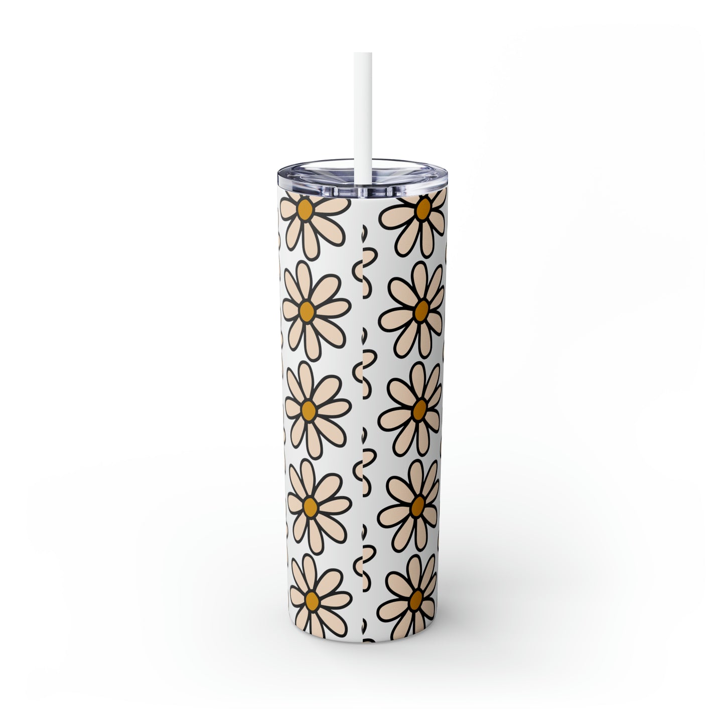 Peach Daisy Print Skinny Tumbler with Straw, 20oz