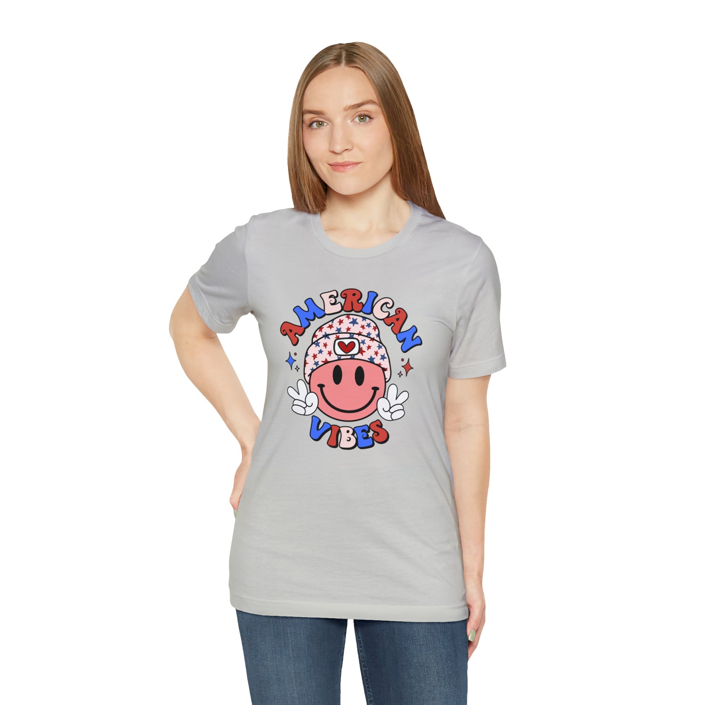 American Vibes USA Smiley Face with Stars Beanie with two hand peace signs Unisex Jersey Short Sleeve Tee