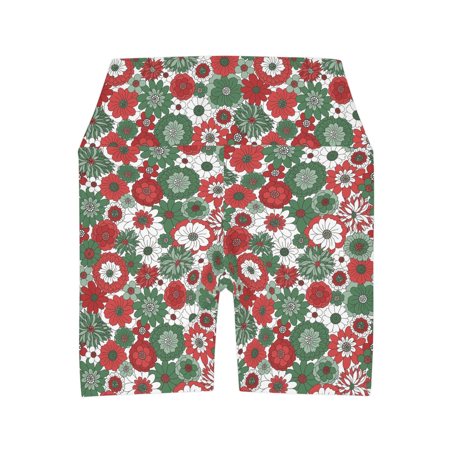 Retro Christmas Holiday Floral Red Green and White Yoga Shorts