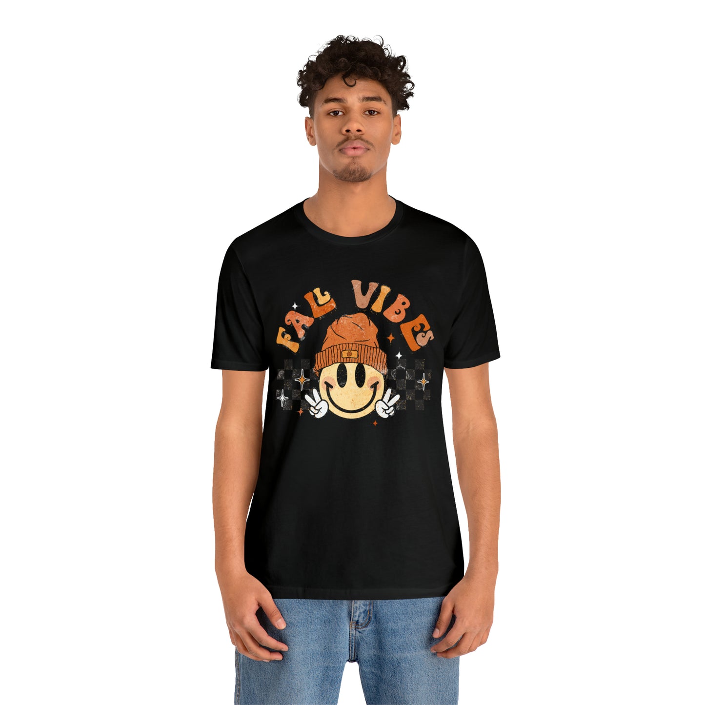 Distressed Halloween Fall Vibes Smiley Face with Beanie and Peace Sign T-Shirt