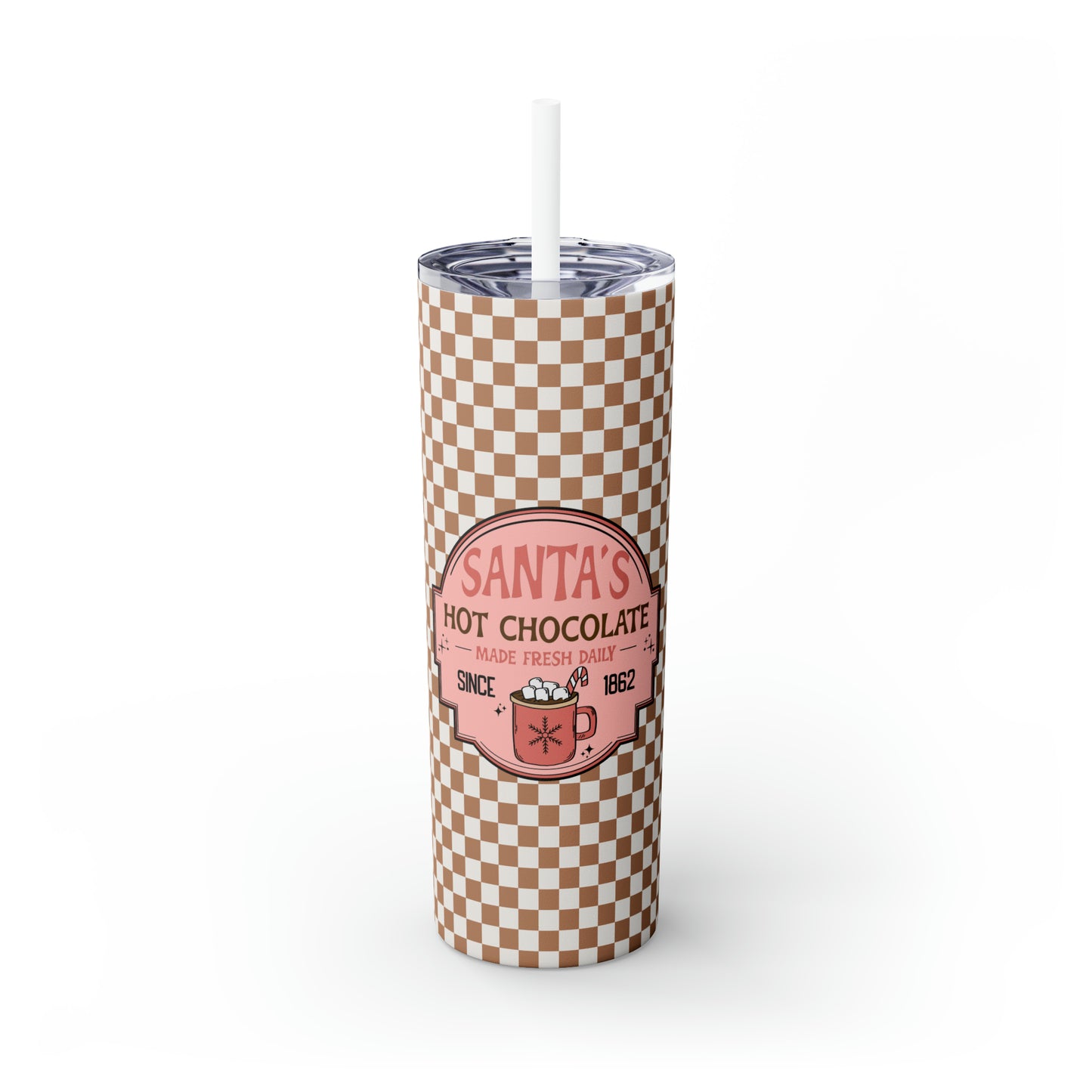 Santa's Hot Chocolate Brown Checkerboard Christmas/ Holiday Skinny Tumbler with Pick your Color Straw, 20oz