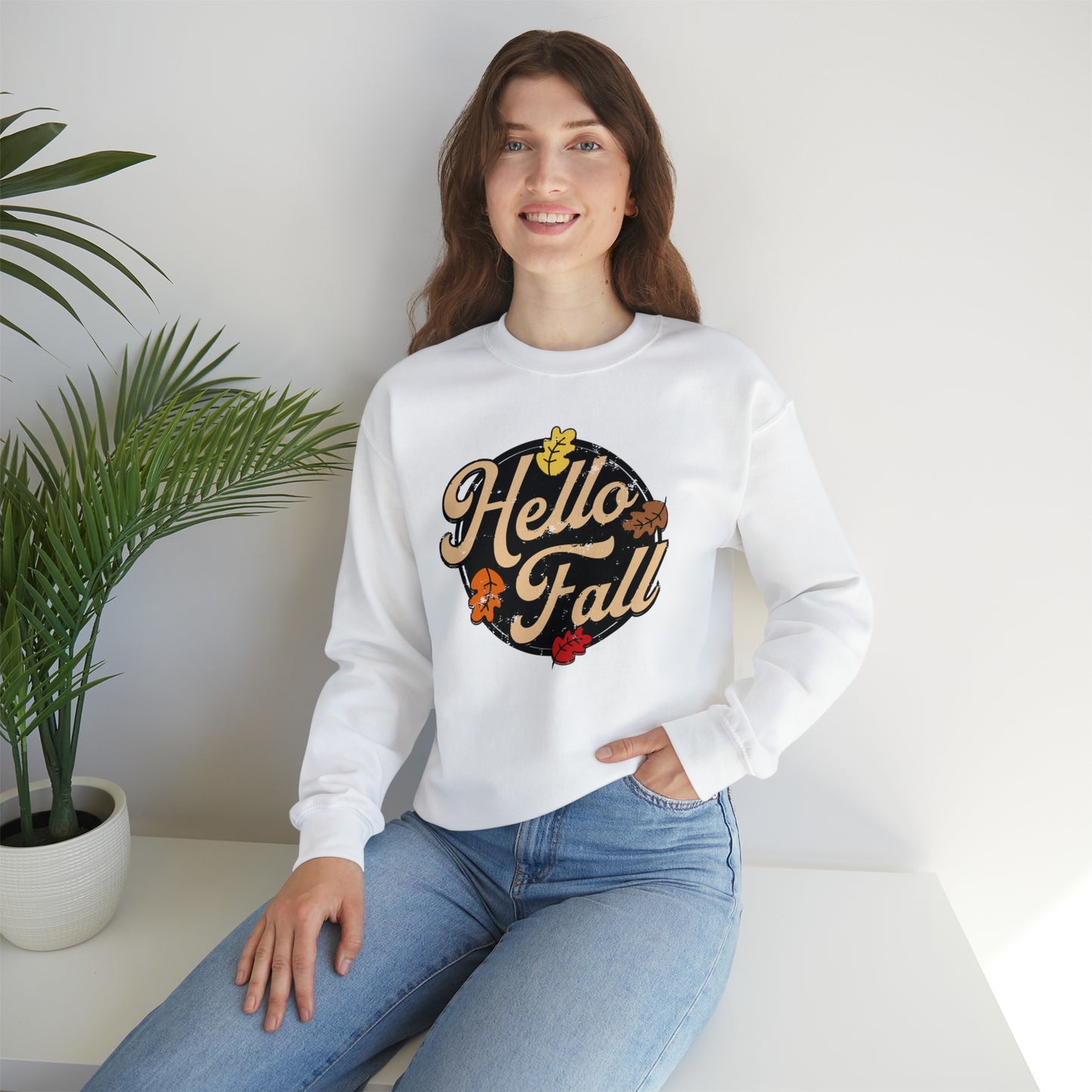 Hello Fall Halloween Retro Warm Colored  Unisex Heavy Blend™ Crewneck Sweatshirt