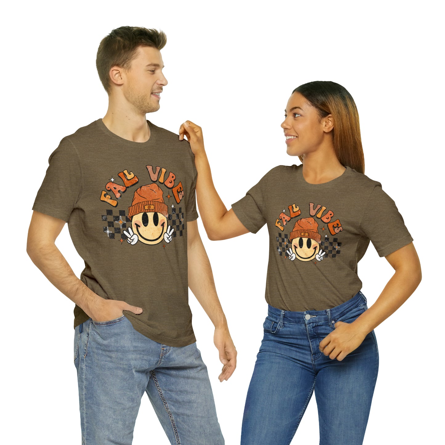 Distressed Halloween Fall Vibes Smiley Face with Beanie and Peace Sign T-Shirt