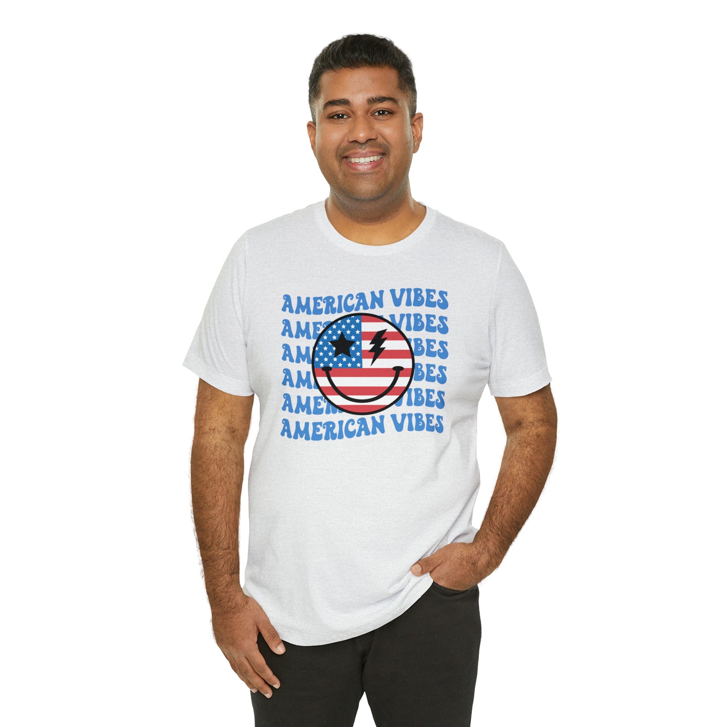 USA American Vibes American Flag Smiley Face Unisex Jersey Short Sleeve Tee