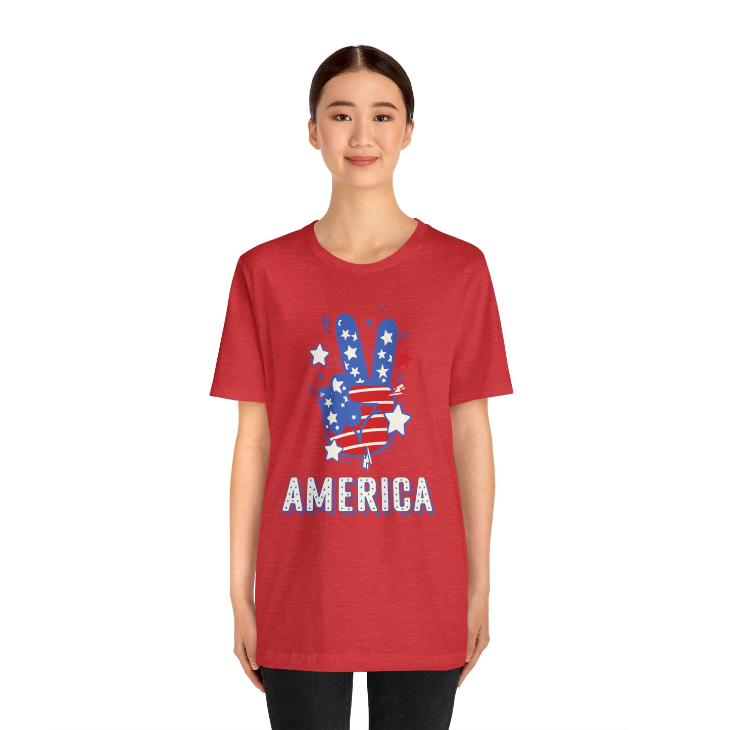 America USA Stars Peace Sign with Hands Unisex Jersey Short Sleeve Tee