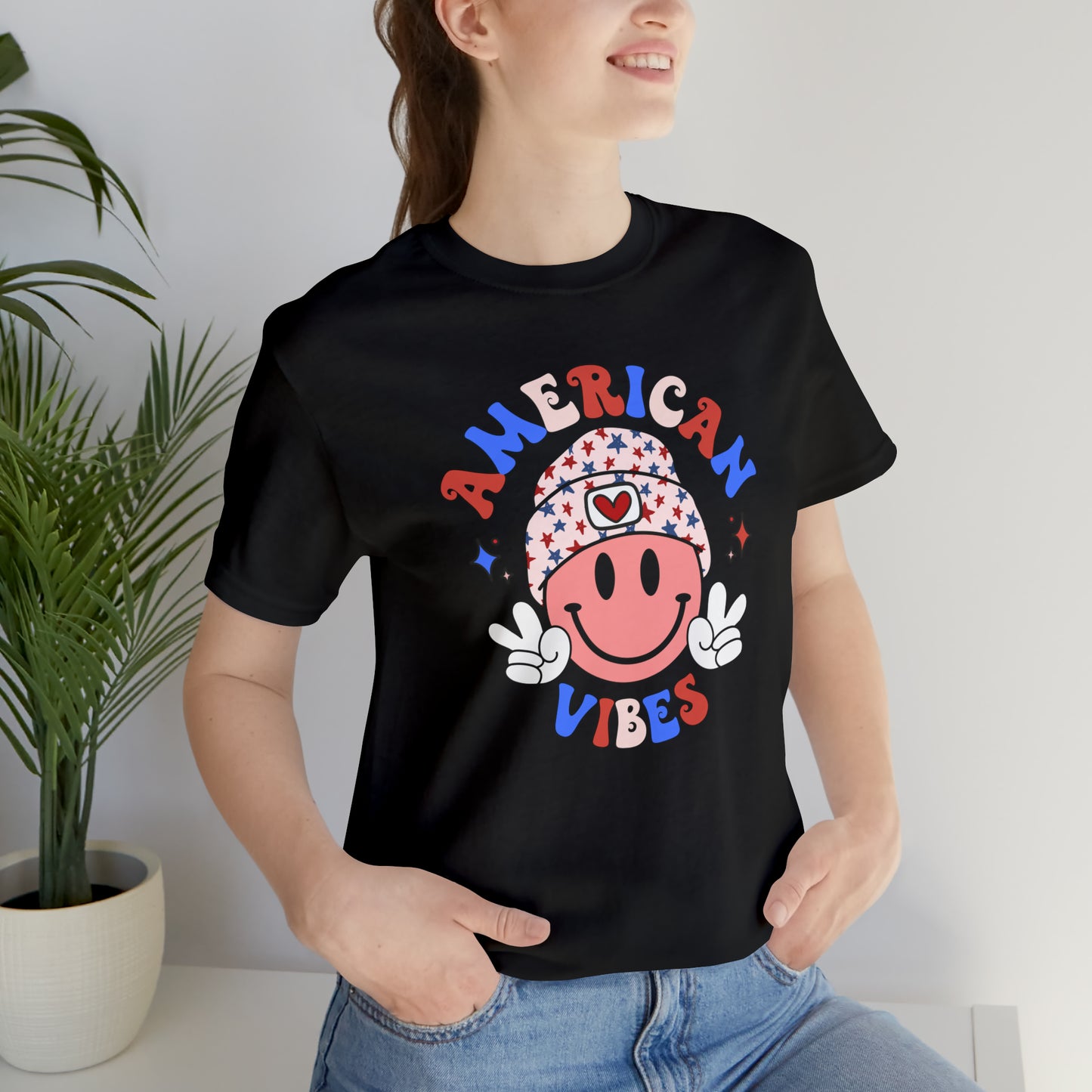 American Vibes USA Smiley Face with Stars Beanie with two hand peace signs Unisex Jersey Short Sleeve Tee