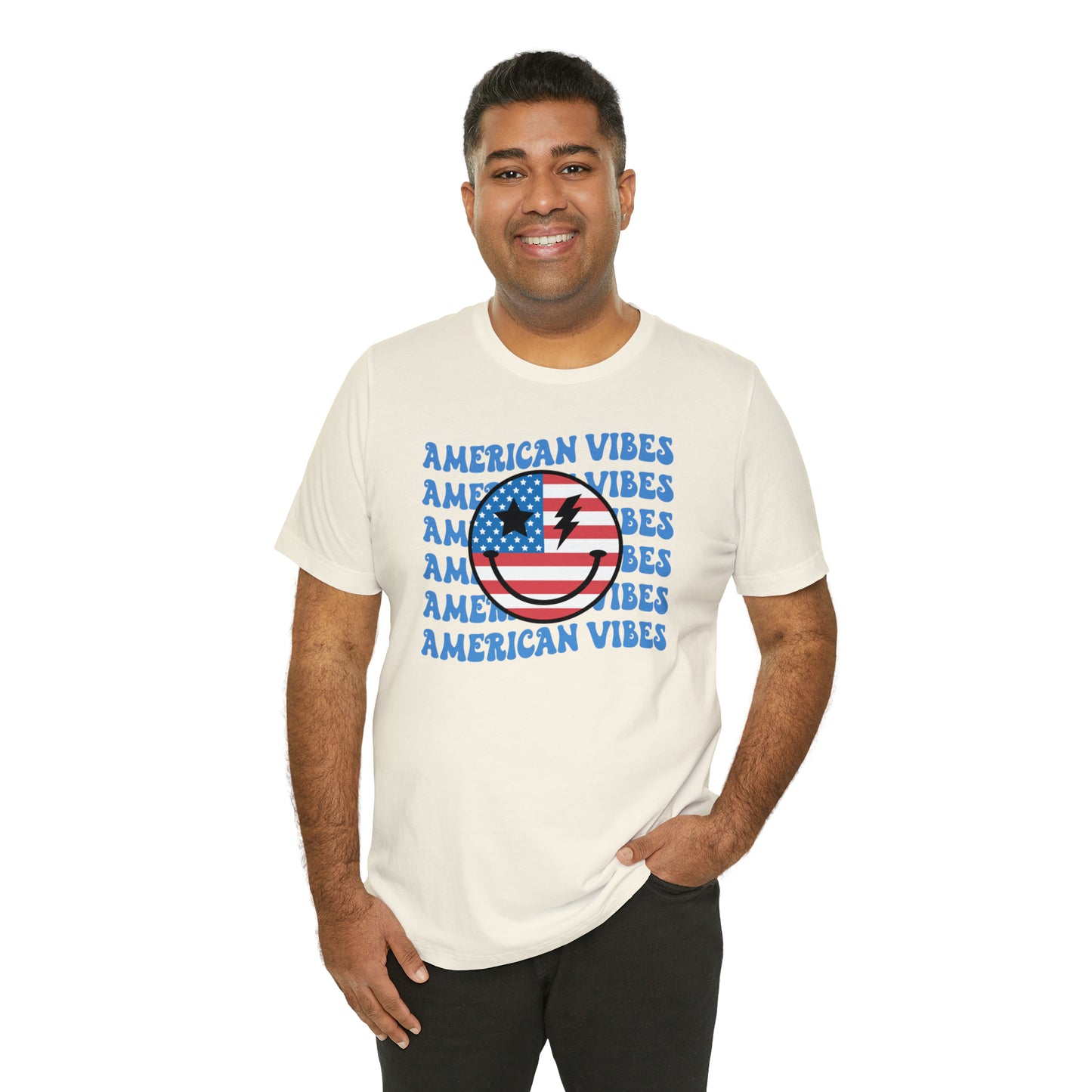 USA American Vibes American Flag Smiley Face Unisex Jersey Short Sleeve Tee