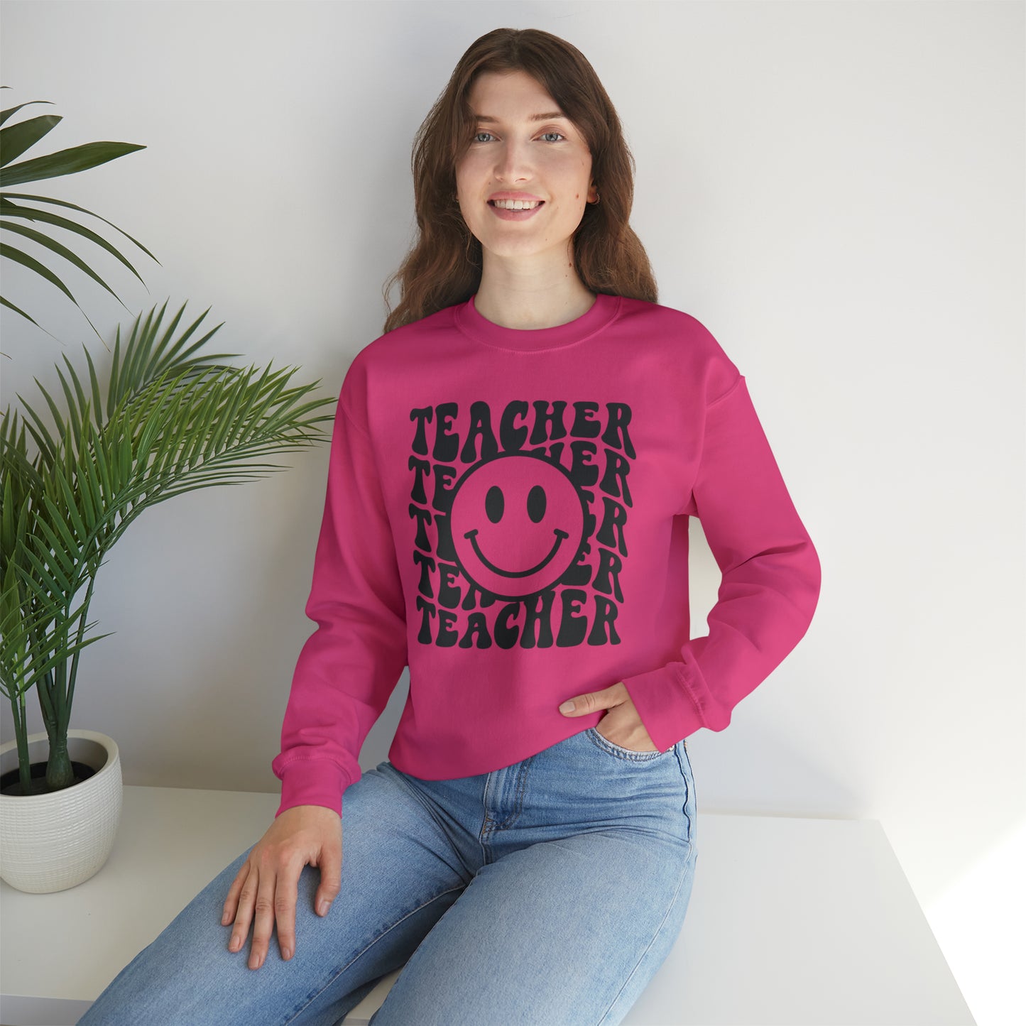 Retro Teacher with Smiley Face Black Logo Unisex Heavy Blend™ Crewneck Sweatshirt