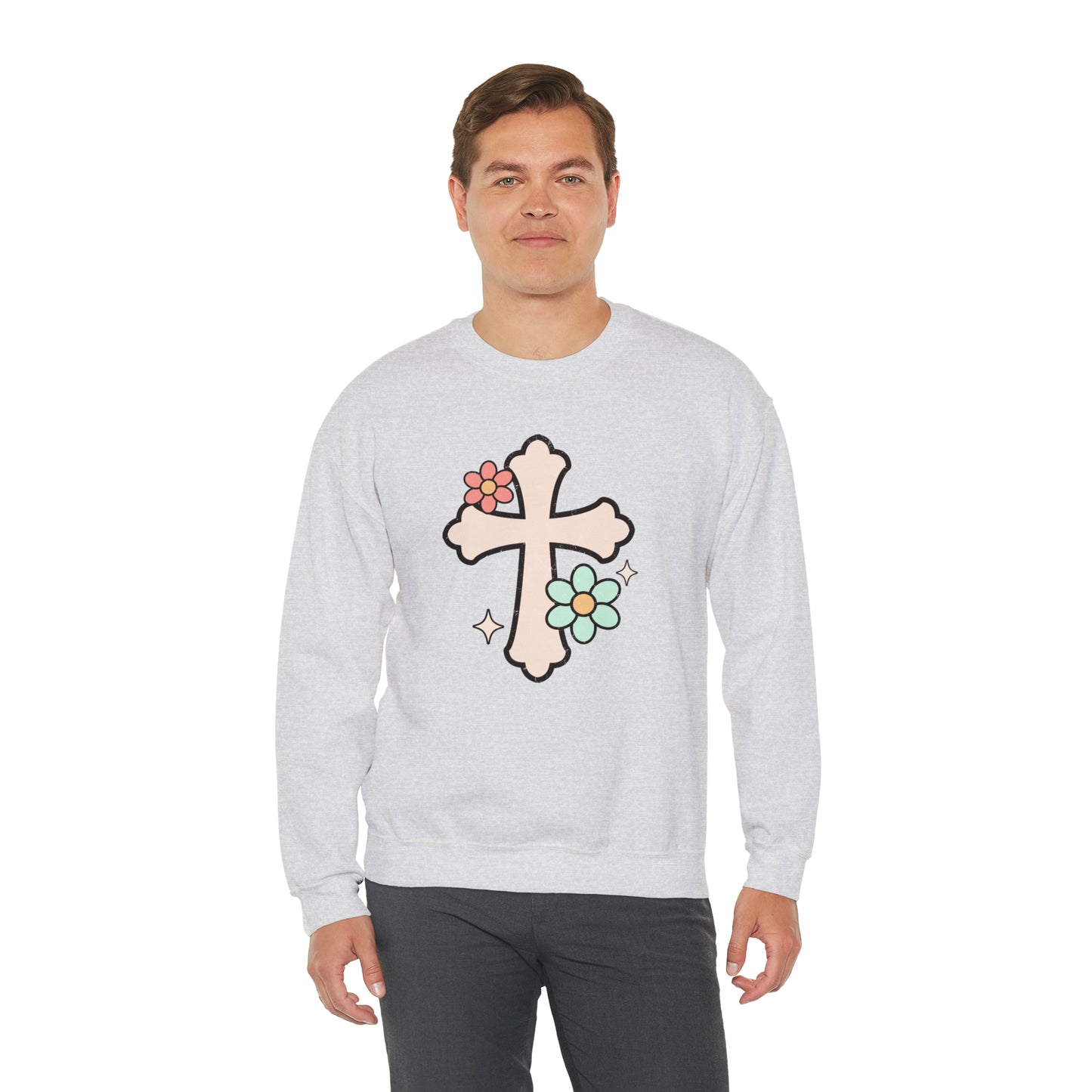 Vintage Floral Cross Design Heavy Blend™ Crewneck Sweatshirt