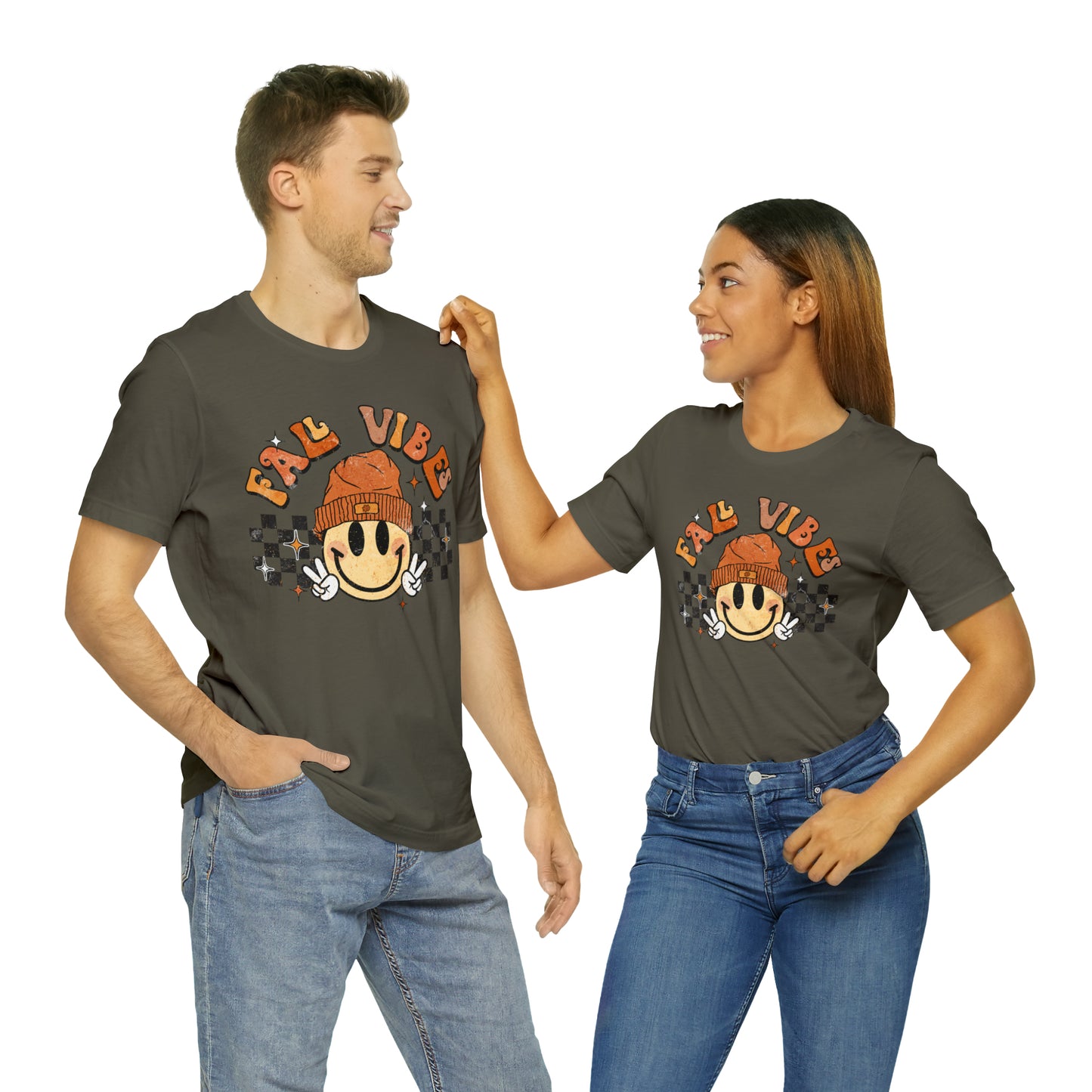 Distressed Halloween Fall Vibes Smiley Face with Beanie and Peace Sign T-Shirt