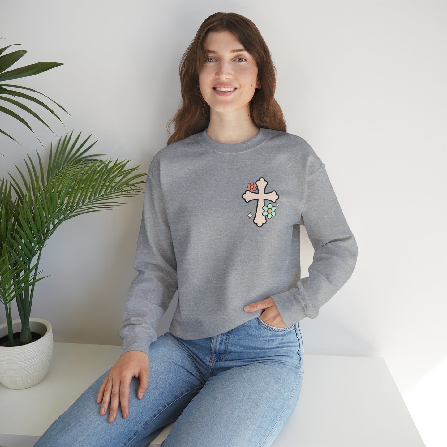 Vintage Grow in Grace with Cross Boho Color Print -  Front and Back Design Heavy Blend™ Crewneck Sweatshirt