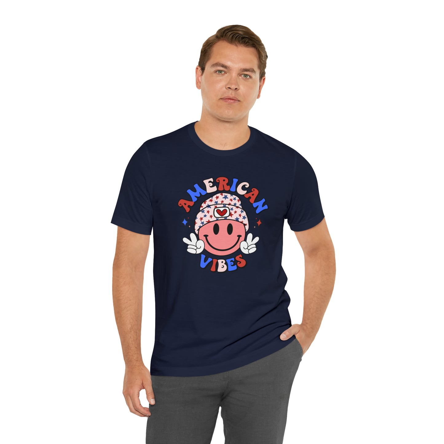 American Vibes USA Smiley Face with Stars Beanie with two hand peace signs Unisex Jersey Short Sleeve Tee