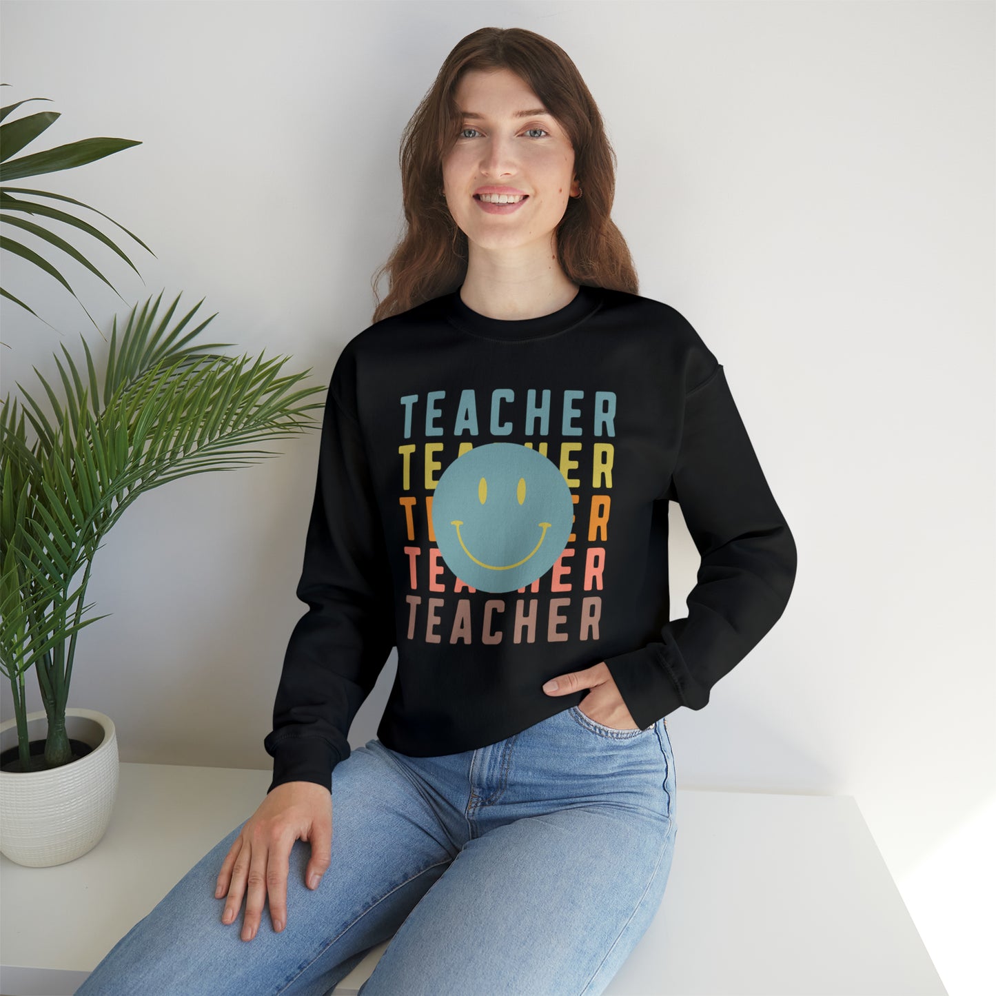 Multi Colored Teacher with Smiley Face Unisex Heavy Blend™ Crewneck Sweatshirt