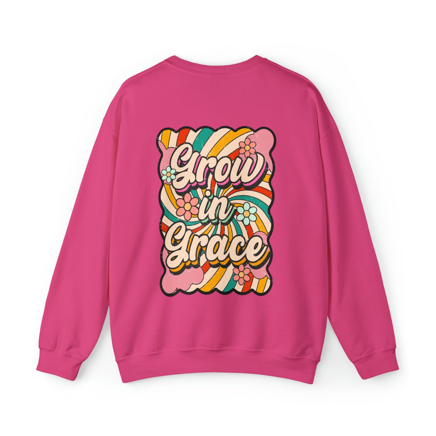 Vintage Grow in Grace with Cross Boho Color Print -  Front and Back Design Heavy Blend™ Crewneck Sweatshirt