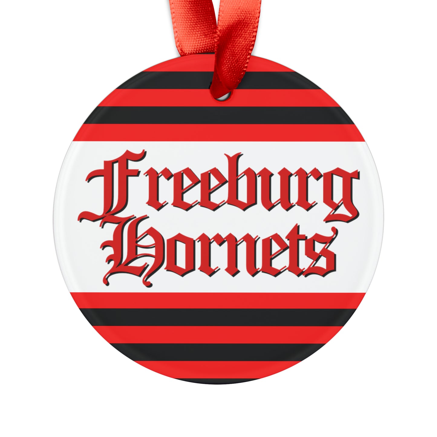 Freeburg Hornet Red and Black Striped Ornament with Ribbon - white