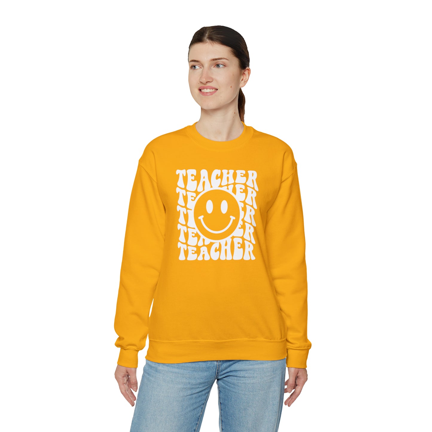 Teacher with Smiley Face White Logo Unisex Heavy Blend™ Crewneck Sweatshirt