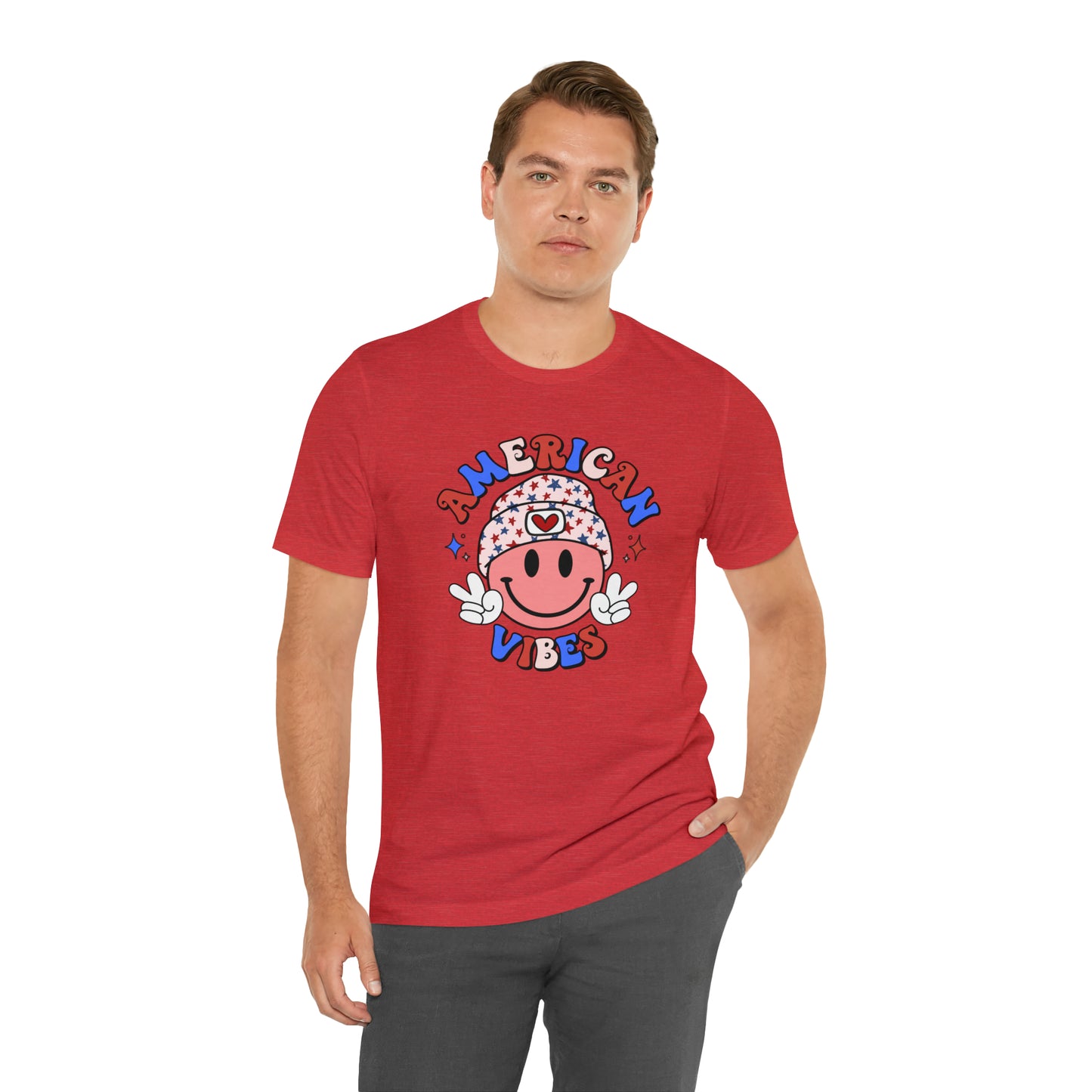 American Vibes USA Smiley Face with Stars Beanie with two hand peace signs Unisex Jersey Short Sleeve Tee