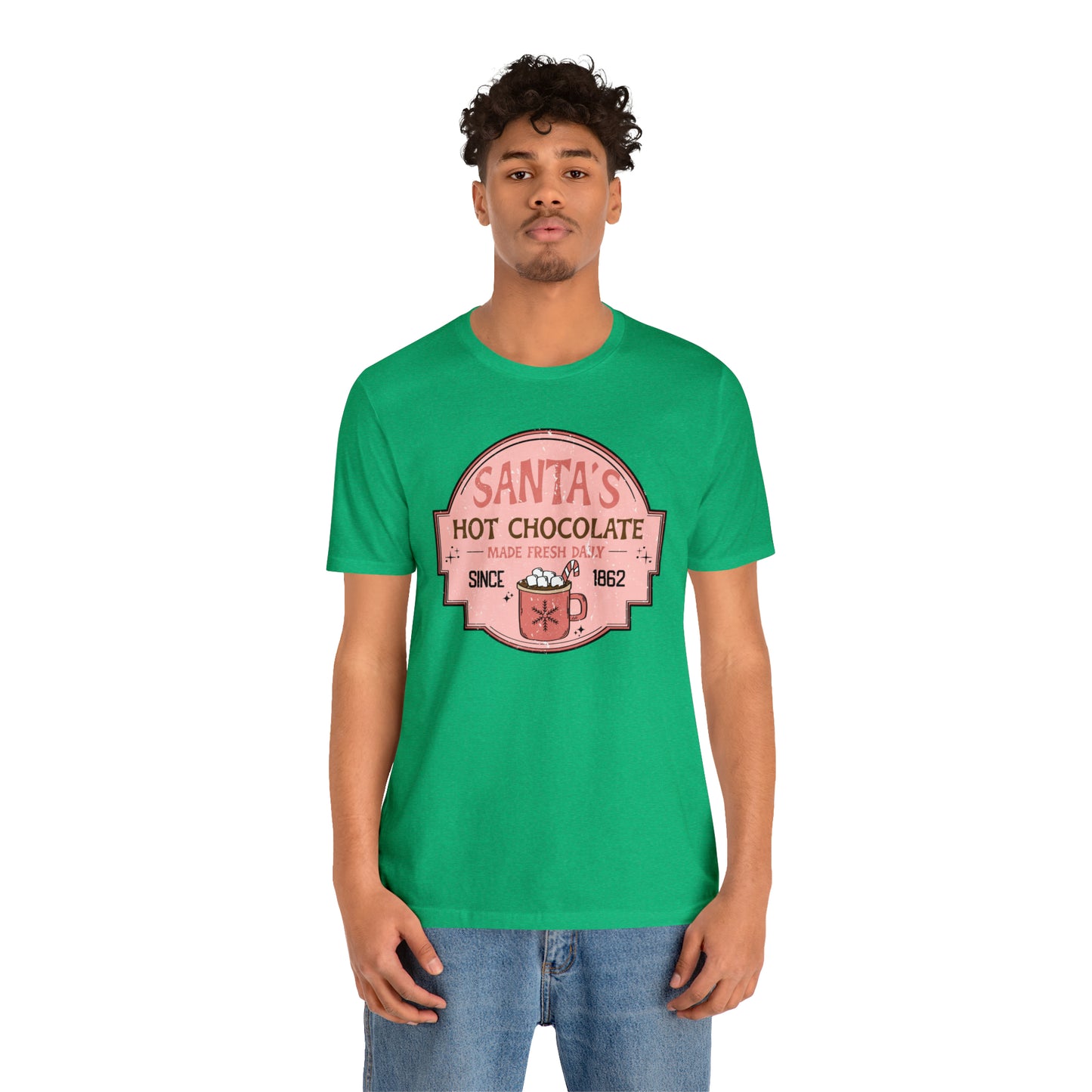 Santa's Hot Chocolate Pink Christmas/ Holiday Bella Jersey Short Sleeve Tee (Unisex)