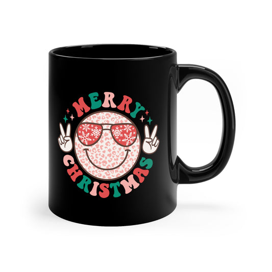 Merry Christmas Colorful Smiley Face with Peace Signs 11oz Black Mug