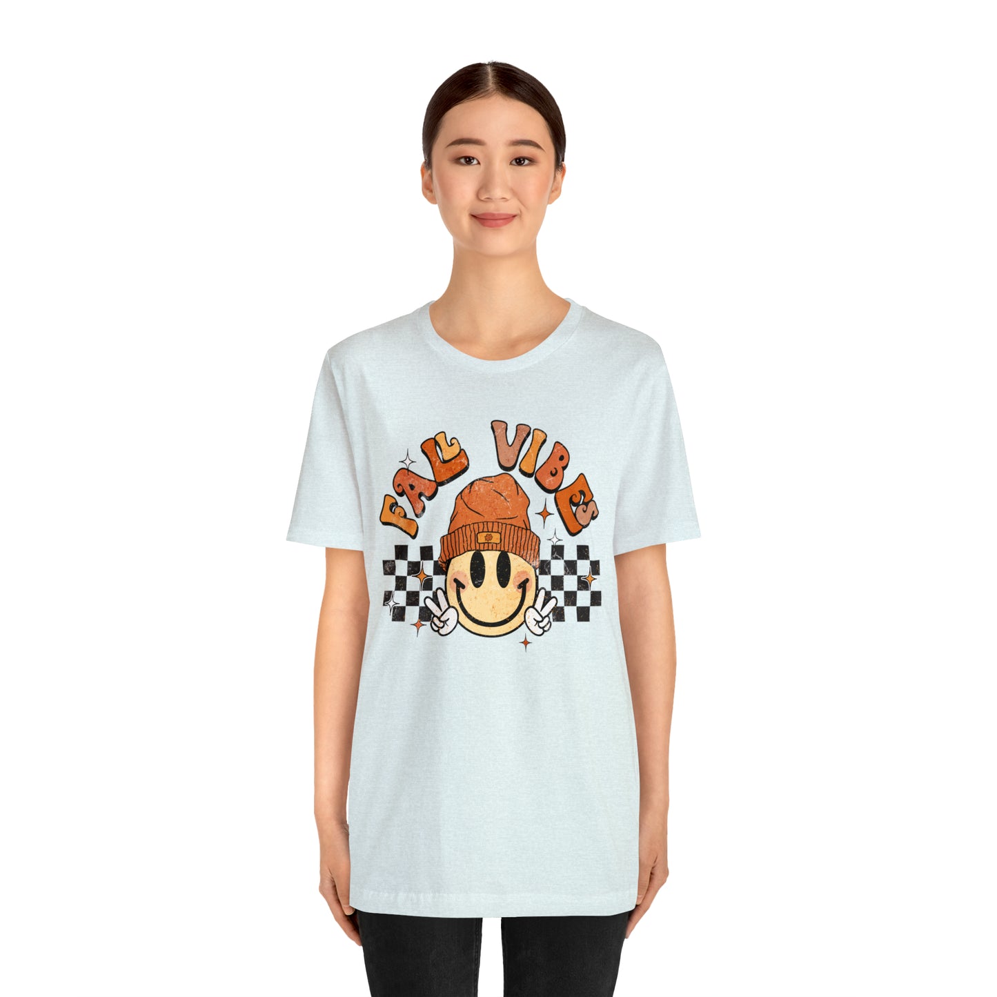 Distressed Halloween Fall Vibes Smiley Face with Beanie and Peace Sign T-Shirt