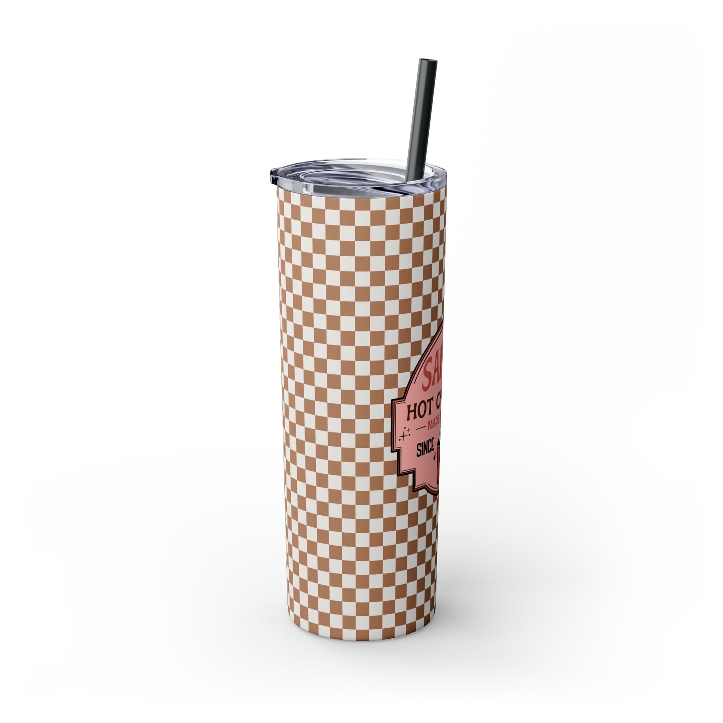 Santa's Hot Chocolate Brown Checkerboard Christmas/ Holiday Skinny Tumbler with Pick your Color Straw, 20oz