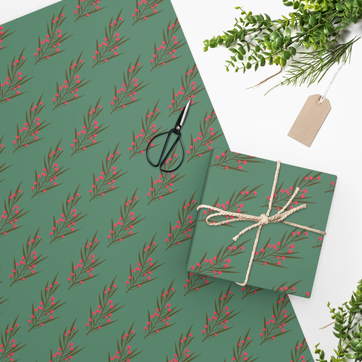 Sage Green Christmas Berries Wrapping Paper