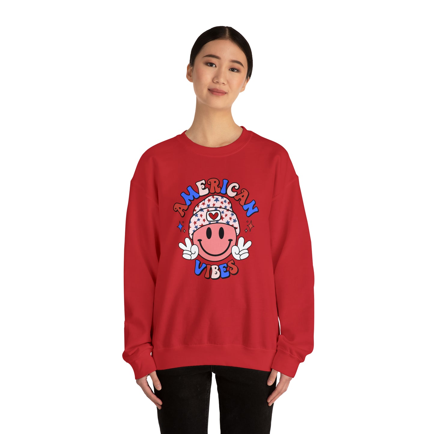 USA American Vibes Smiley Face with Heart Beanie and Peace Signs Heavy Blend™ Crewneck Sweatshirt