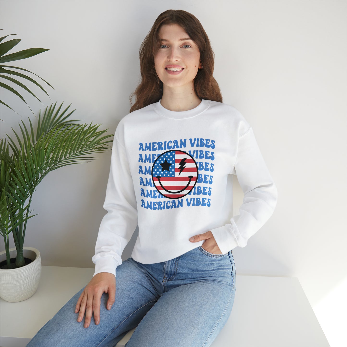 USA American Vibes Flag Smiley Face Heavy Blend™ Crewneck Sweatshirt