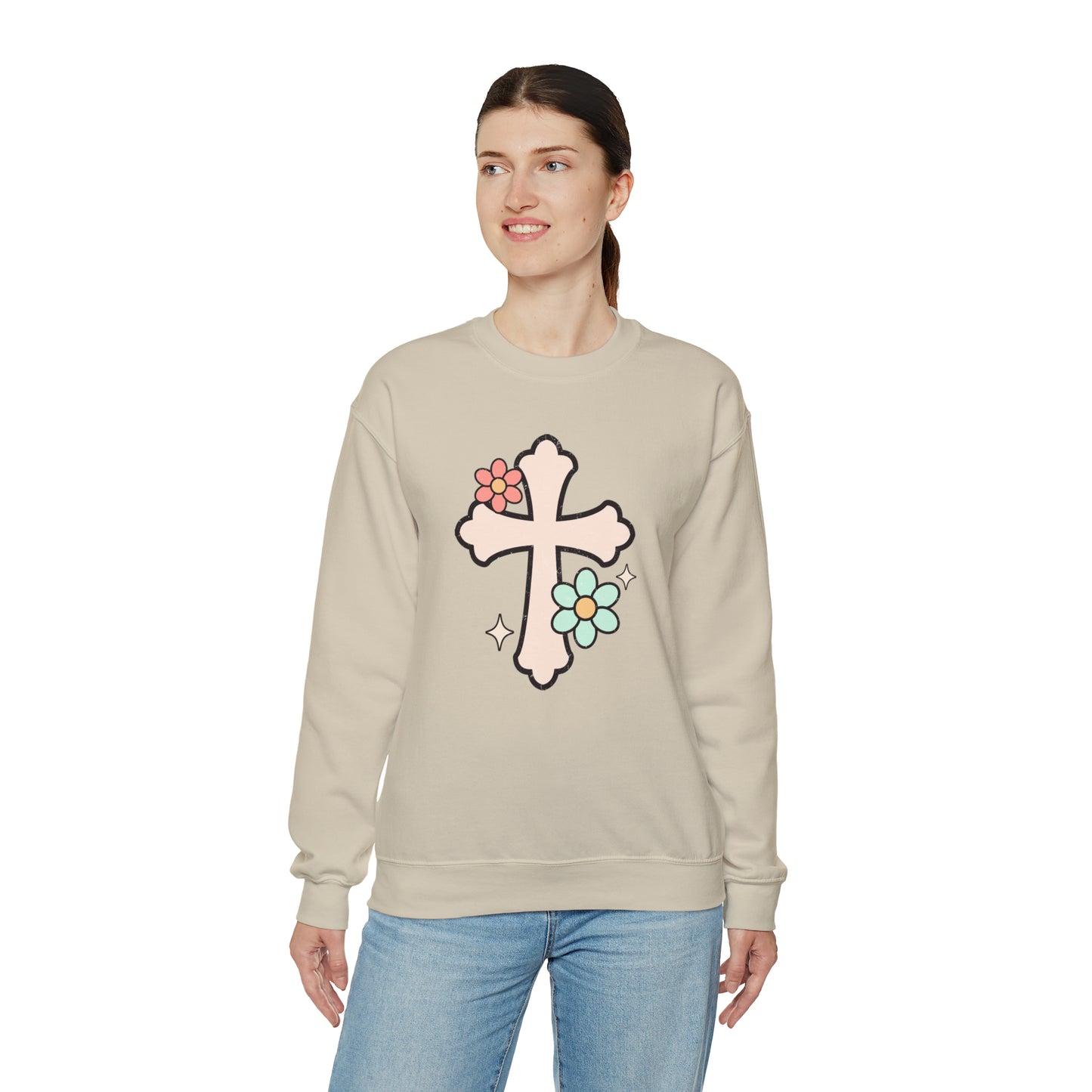 Vintage Floral Cross Design Heavy Blend™ Crewneck Sweatshirt