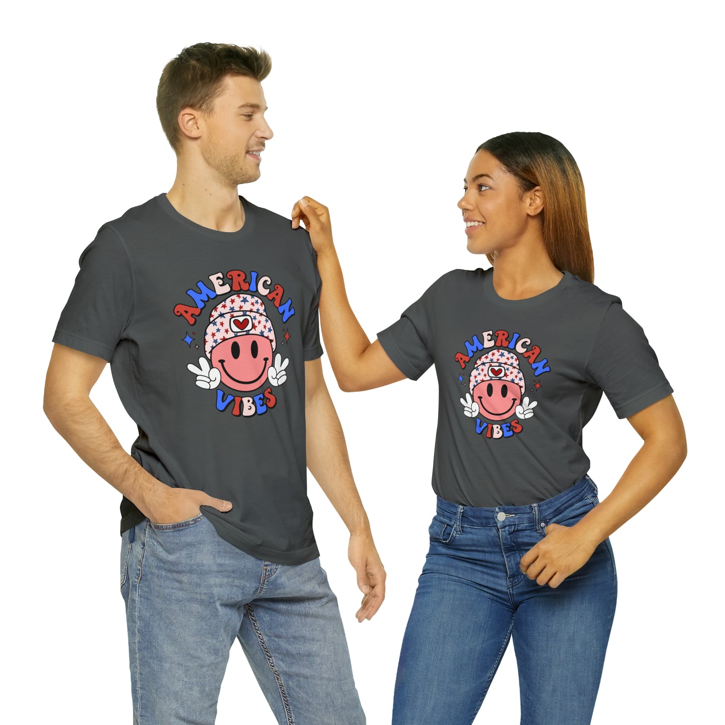 American Vibes USA Smiley Face with Stars Beanie with two hand peace signs Unisex Jersey Short Sleeve Tee