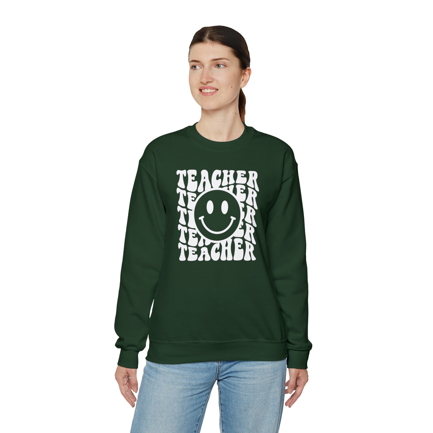 Teacher with Smiley Face White Logo Unisex Heavy Blend™ Crewneck Sweatshirt