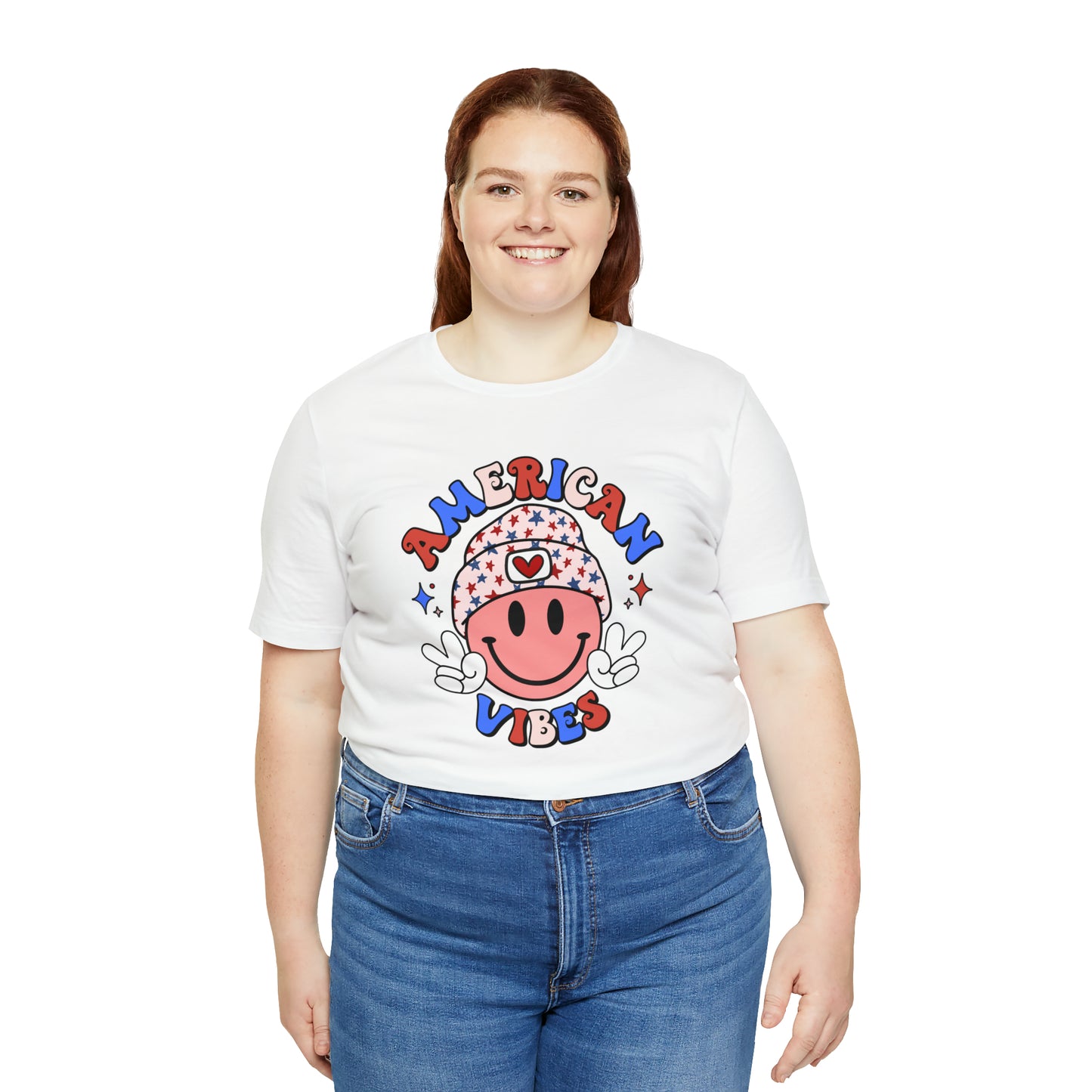 American Vibes USA Smiley Face with Stars Beanie with two hand peace signs Unisex Jersey Short Sleeve Tee