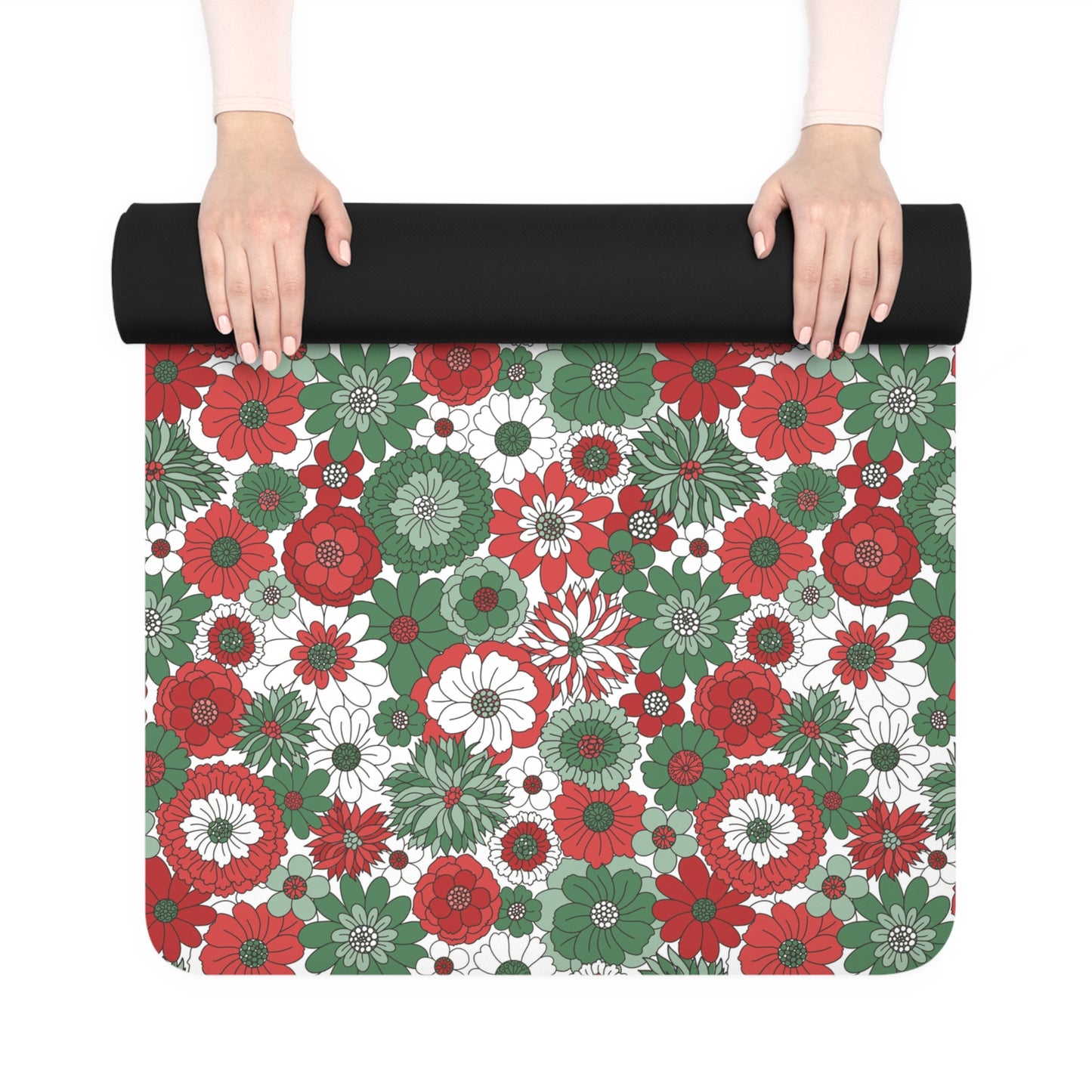 Retro Christmas Holiday Floral Red Green and White Pattern Rubber Yoga Mat