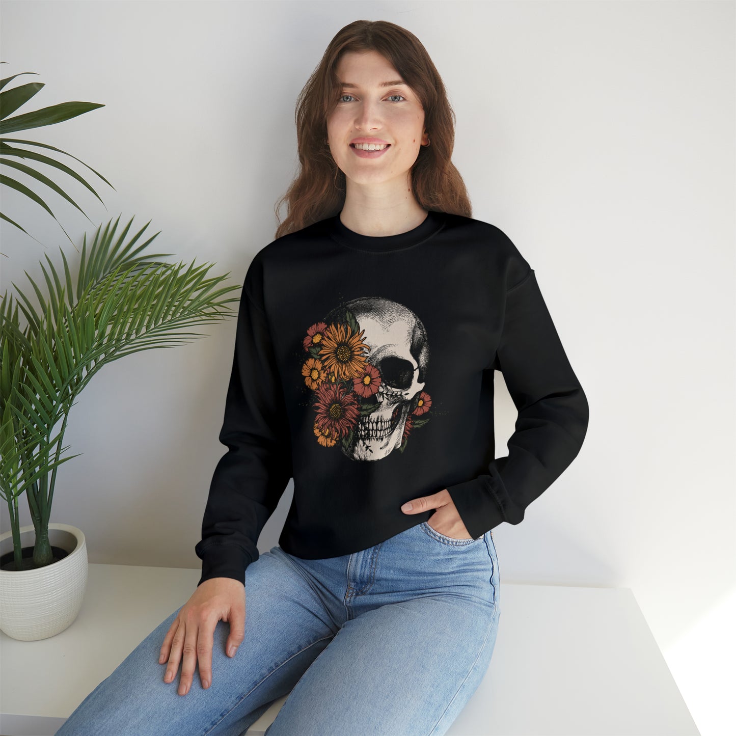 Boho Skeleton Fall Halloween Retro Warm Colored  Unisex Heavy Blend™ Crewneck Sweatshirt