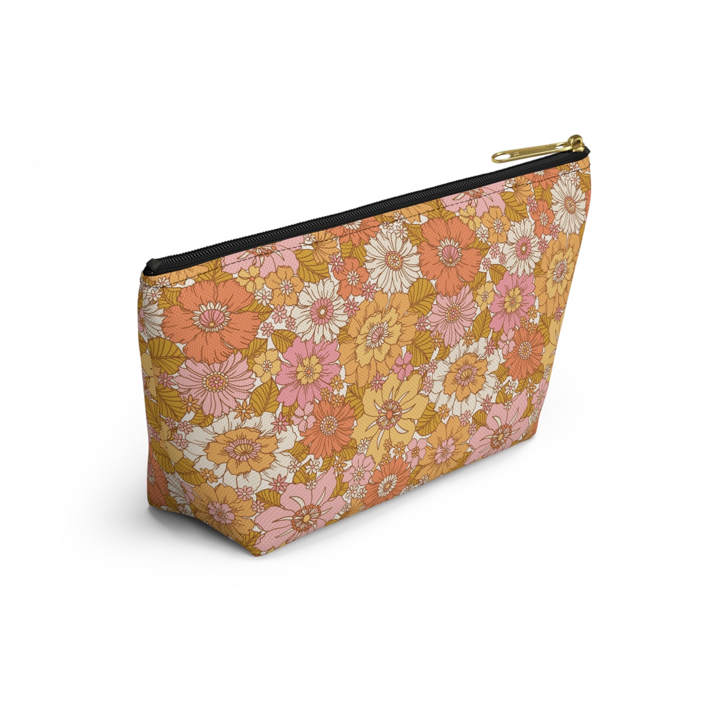 Peachy Golden Retro Floral Print Design Accessory Pouch w T-bottom