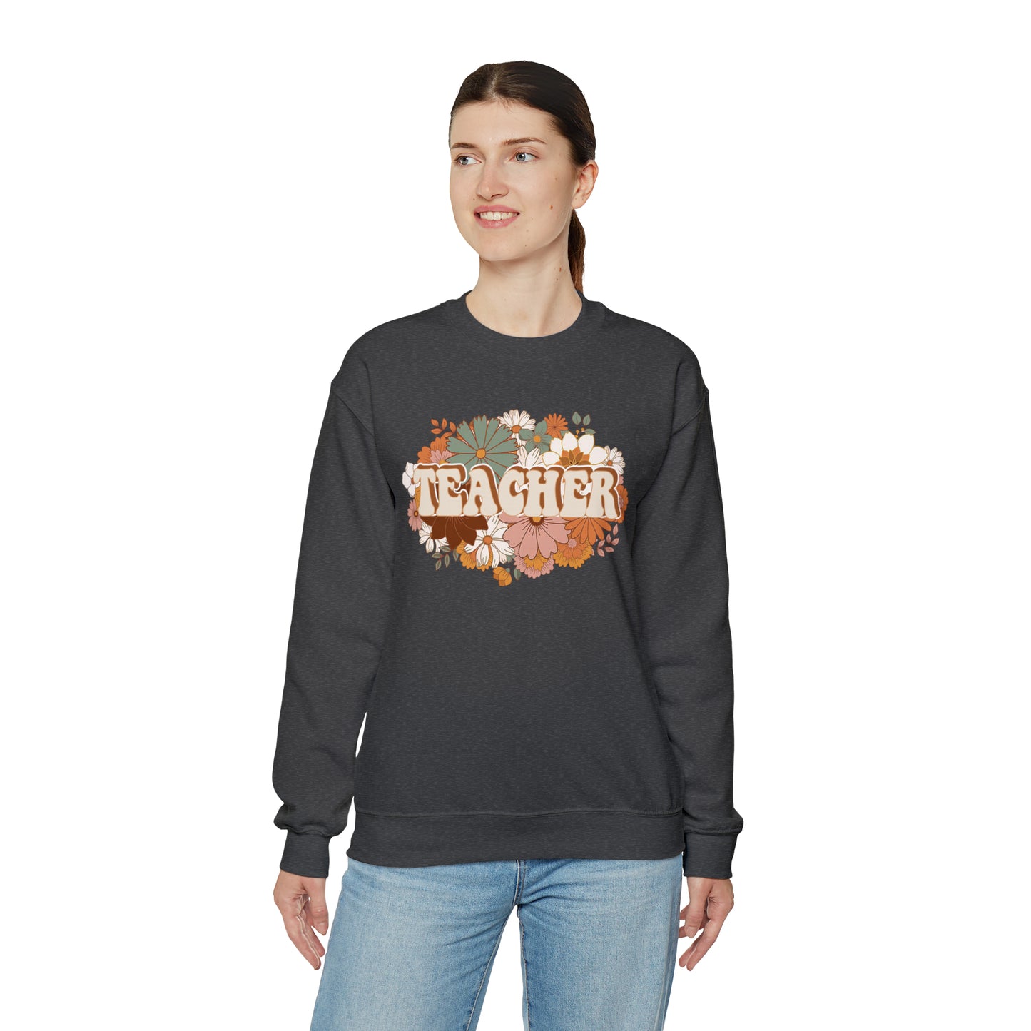 Vintage Retro Floral Teacher Warm Colors Unisex Heavy Blend™ Crewneck Sweatshirt