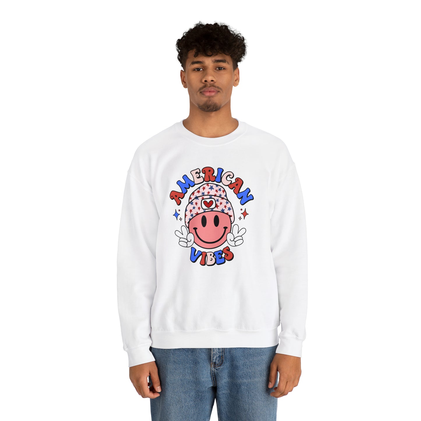 USA American Vibes Smiley Face with Heart Beanie and Peace Signs Heavy Blend™ Crewneck Sweatshirt