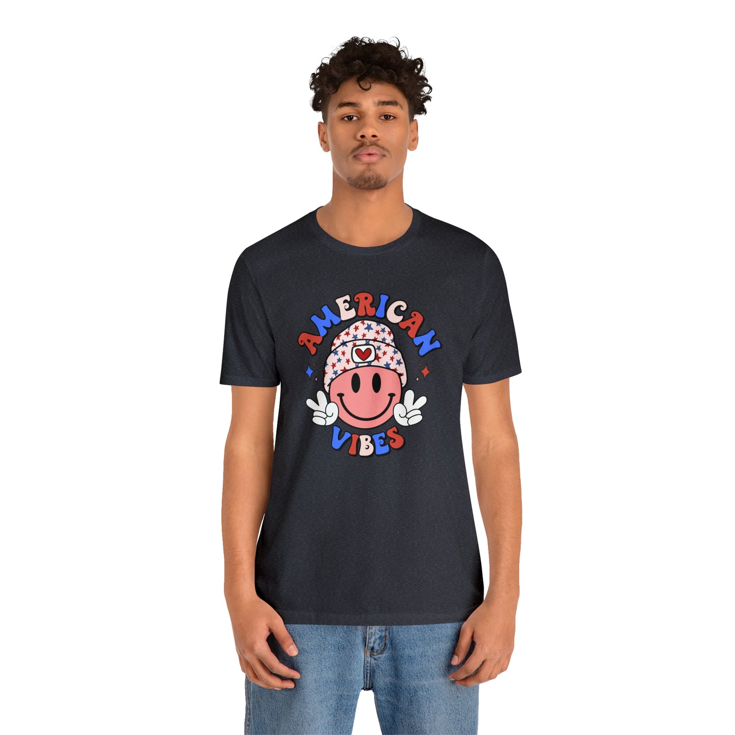 American Vibes USA Smiley Face with Stars Beanie with two hand peace signs Unisex Jersey Short Sleeve Tee