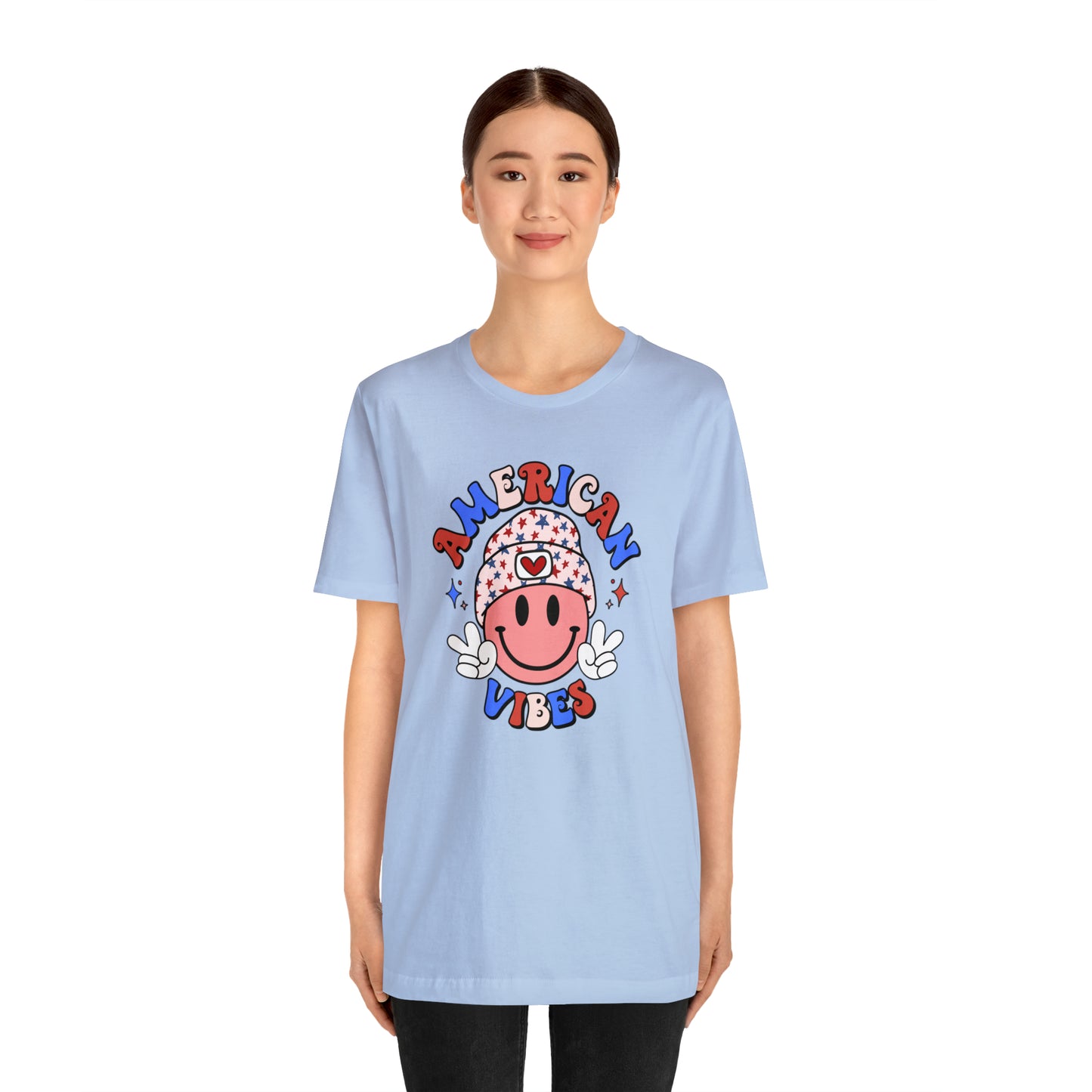 American Vibes USA Smiley Face with Stars Beanie with two hand peace signs Unisex Jersey Short Sleeve Tee