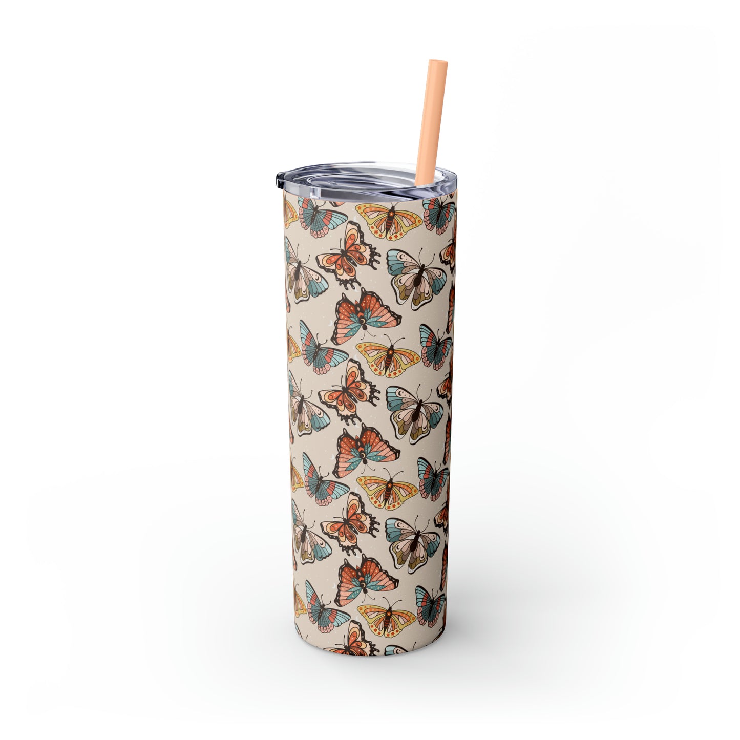 Boho Butterfly Brown Skinny Tumbler with Straw, 20oz