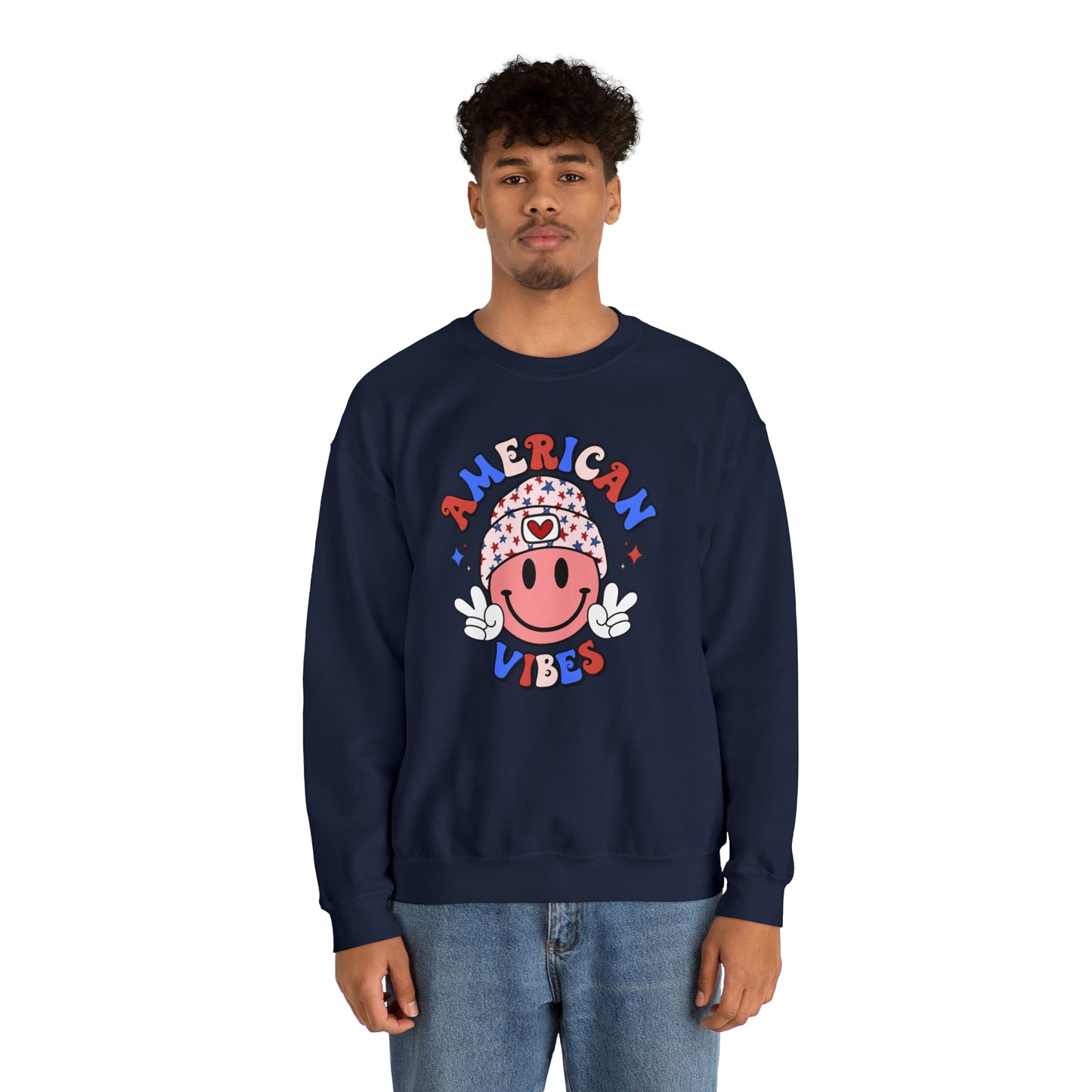 USA American Vibes Smiley Face with Heart Beanie and Peace Signs Heavy Blend™ Crewneck Sweatshirt